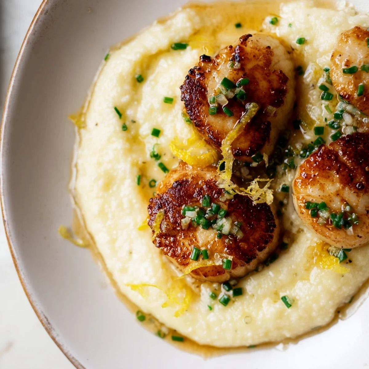 Pan Seared Scallops with Creamy Polenta feature a rich, velvety base topped with tender seafood.