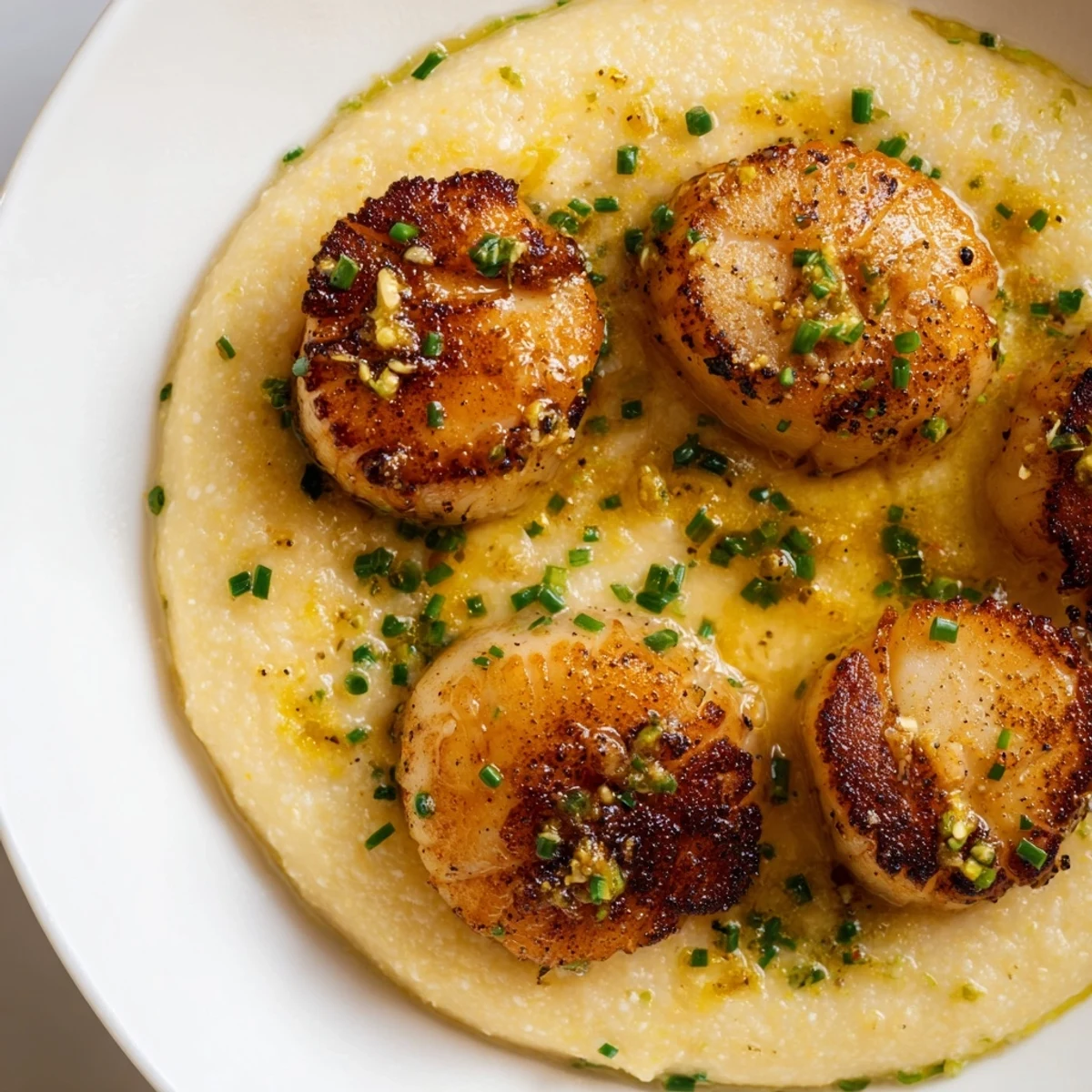 Golden-brown seared scallops resting on a bed of creamy Parmesan polenta, garnished with fresh chives.