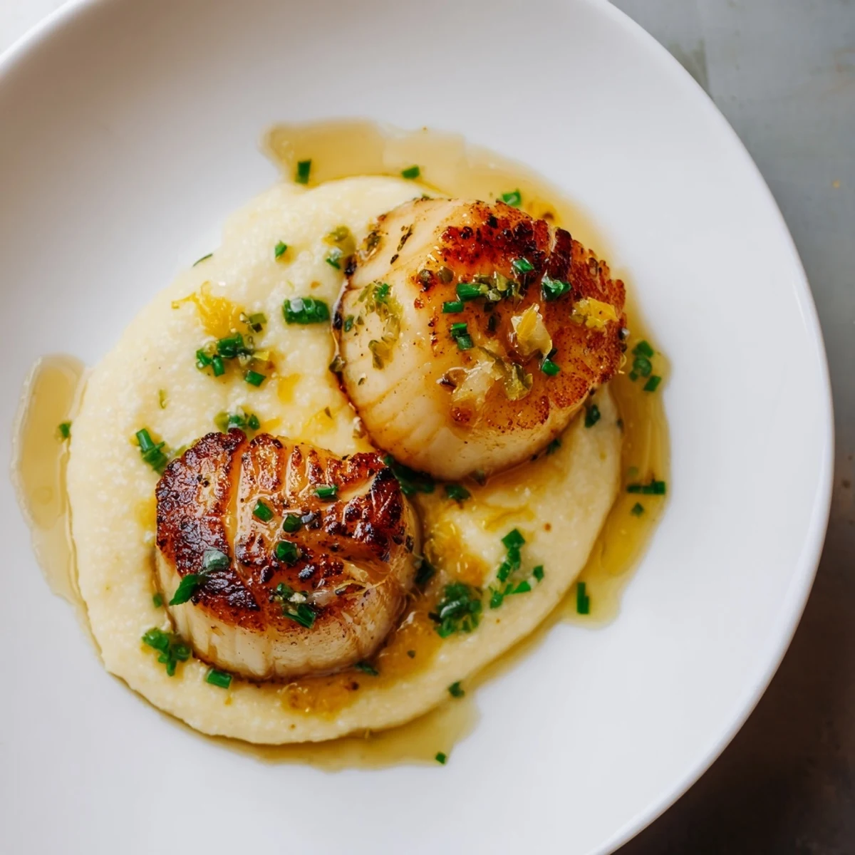 Sizzling scallops served over soft polenta with a drizzle of herb butter for a comforting main dish.