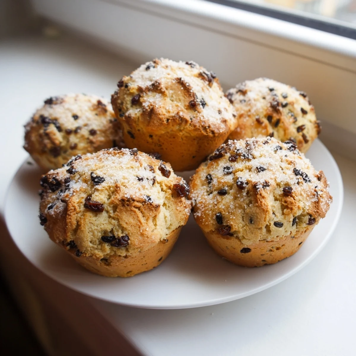 A warm batch of Irish Soda Bread Muffins with Raisins, featuring golden craggy tops and visible plump raisins nestled in the tender crumb.