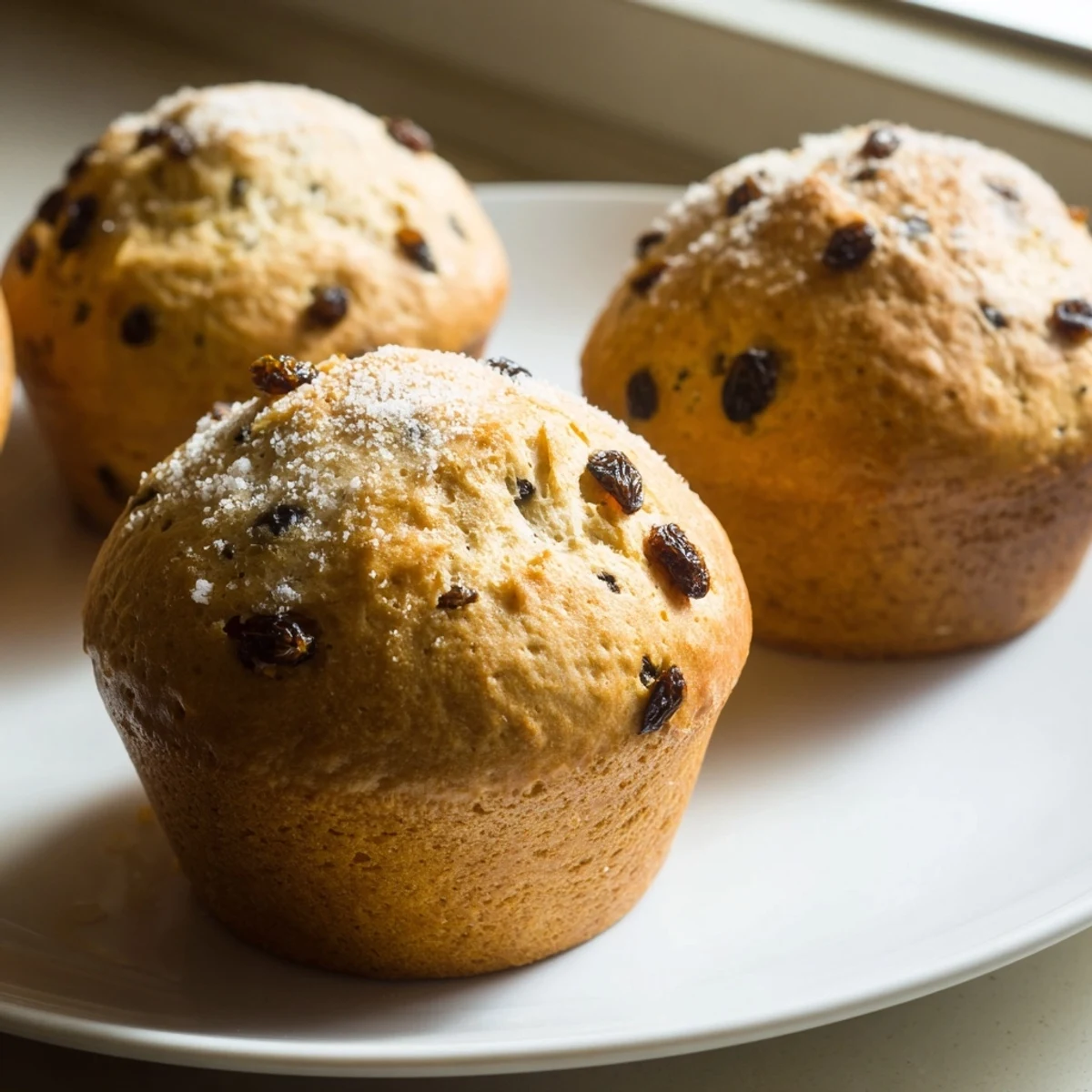 A close-up of an Irish Soda Bread Muffin with Raisins sliced open, revealing a soft interior and scattered golden raisins against a rustic wooden board.