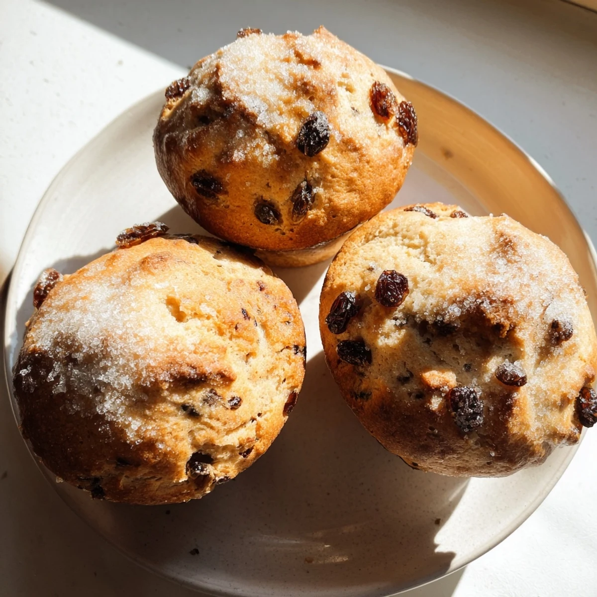 A fresh Irish Soda Bread Muffin with Raisins is placed beside a spread of butter and honey, perfect for a cozy breakfast or tea time.
