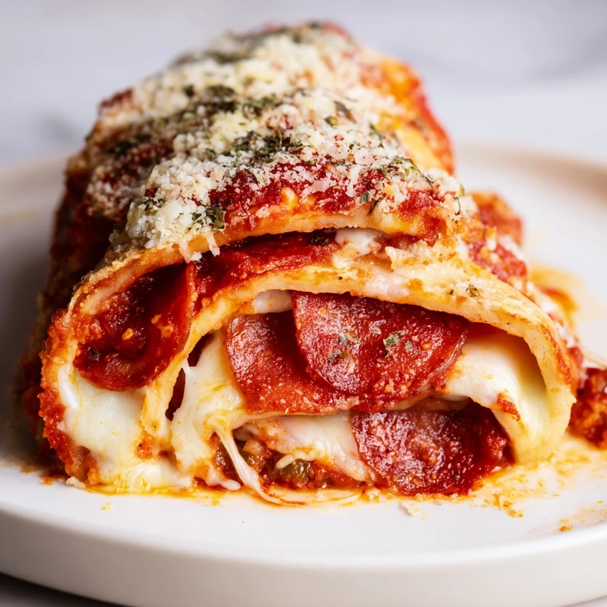 Golden-brown pizza rolls with beef pepperoni are arranged on a baking sheet, with melty mozzarella cheese bubbling and herbs sprinkled on top.
