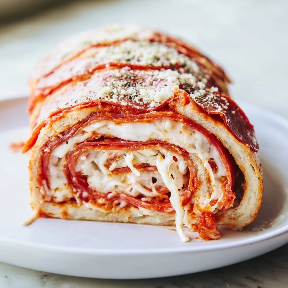 Twelve golden pizza rolls with beef pepperoni on a rustic wooden board, topped with fresh parsley and dusted with Parmesan cheese.