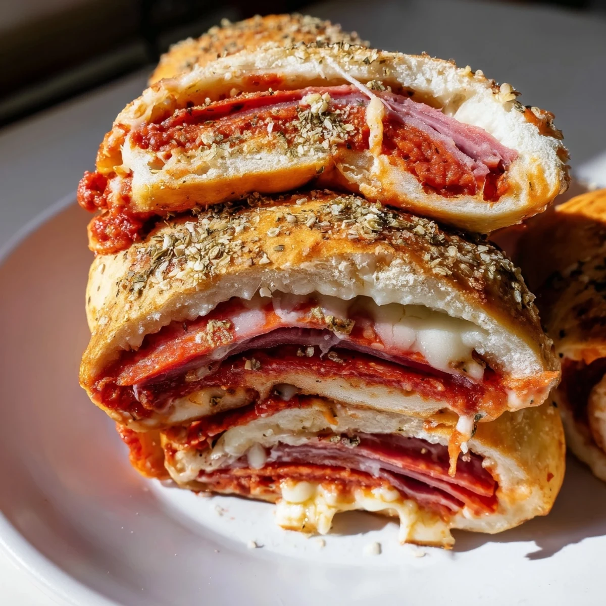 A platter of freshly baked pizza rolls with beef pepperoni, alongside a small bowl of pizza sauce for dipping, shows steam rising.