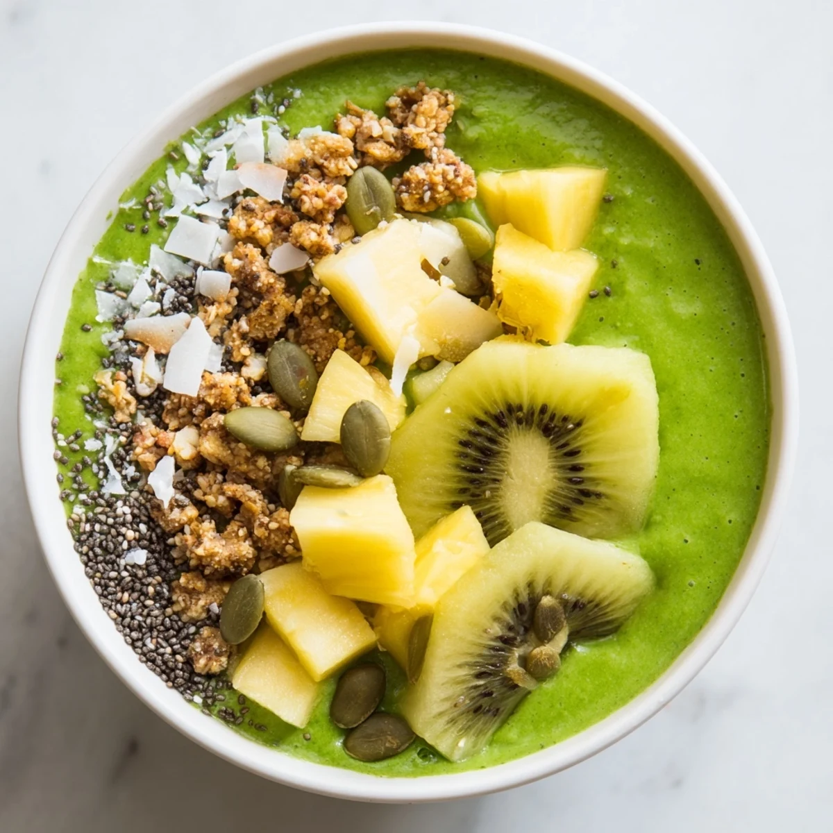 Green Smoothie Bowl with Spinach and Pineapple, served with chia seeds and coconut flakes.