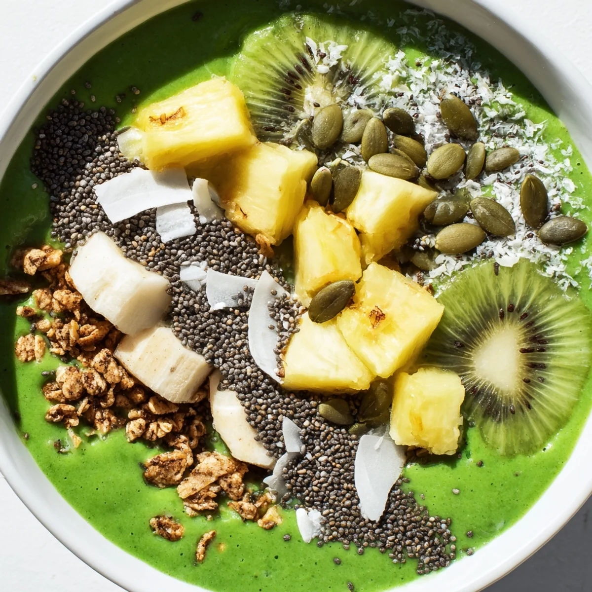 A vibrant green smoothie bowl topped with pineapple, kiwi, granola, and pumpkin seeds.