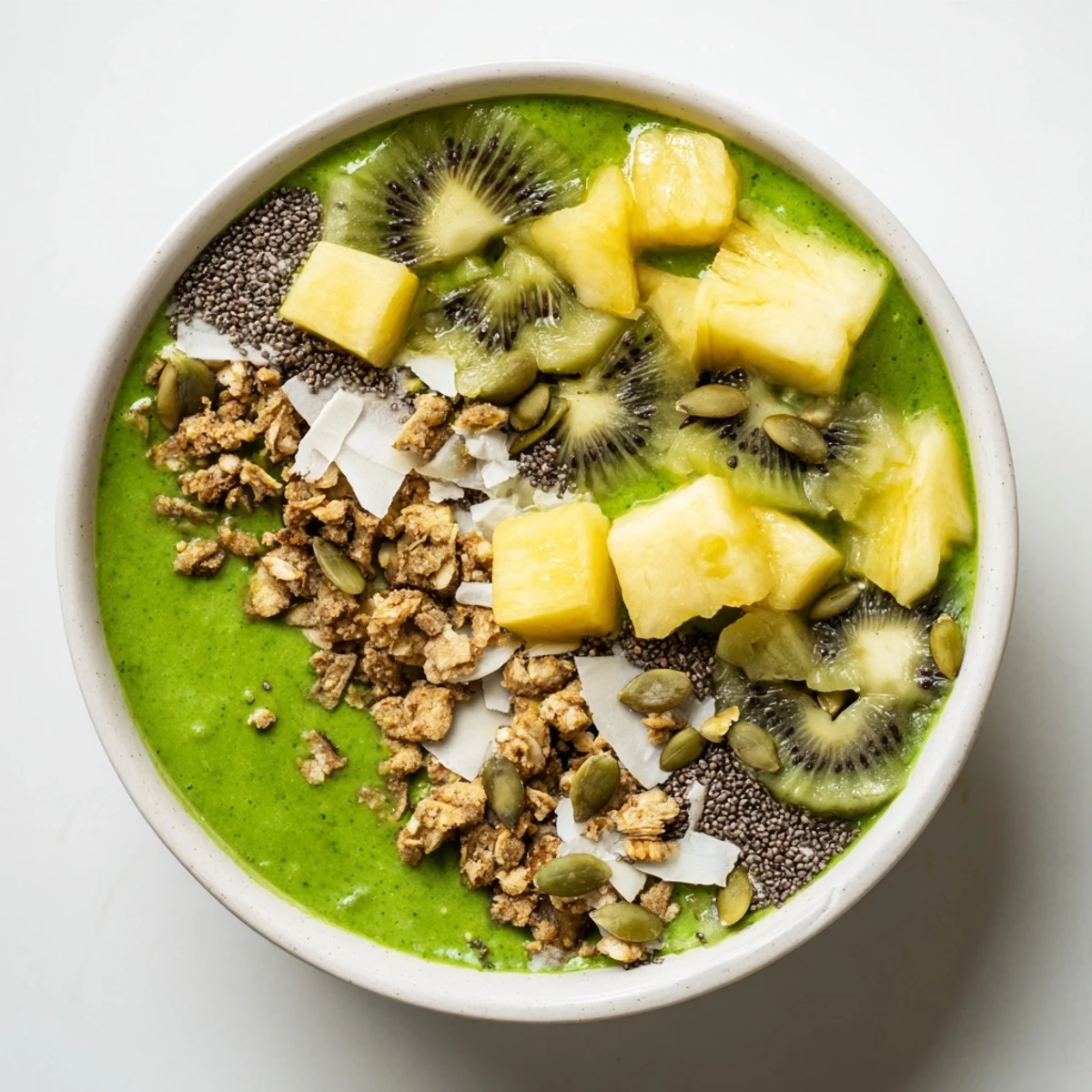 This Green Smoothie Bowl with Spinach and Pineapple features fresh berries for a colorful breakfast.