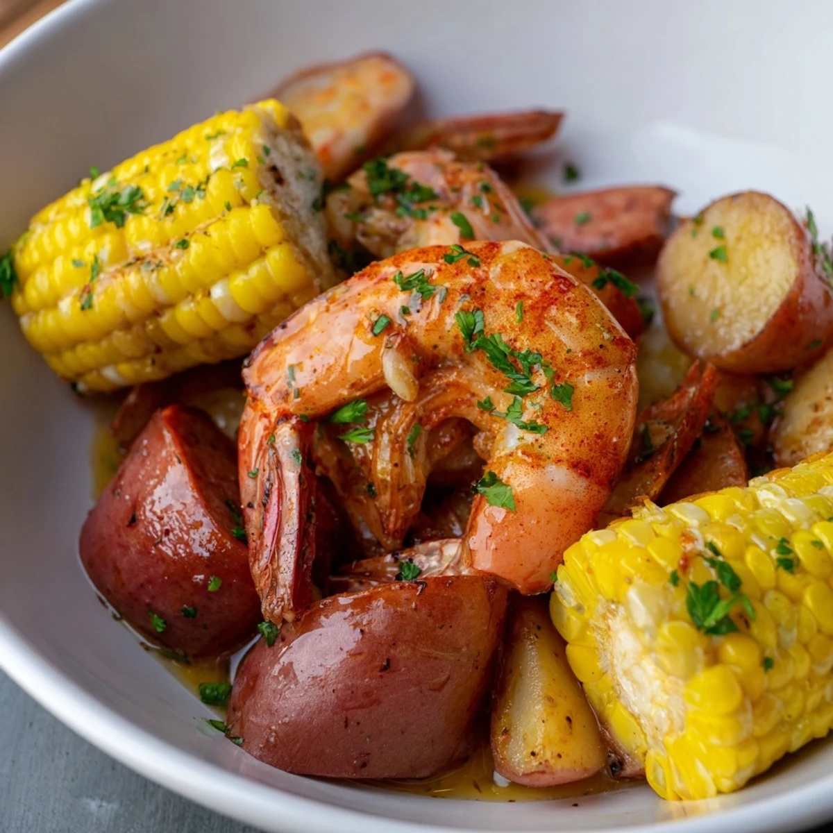 A vibrant Mardi Gras Shrimp Boil with corn on the cob and spicy Andouille sausage served on a newspaper-lined platter.