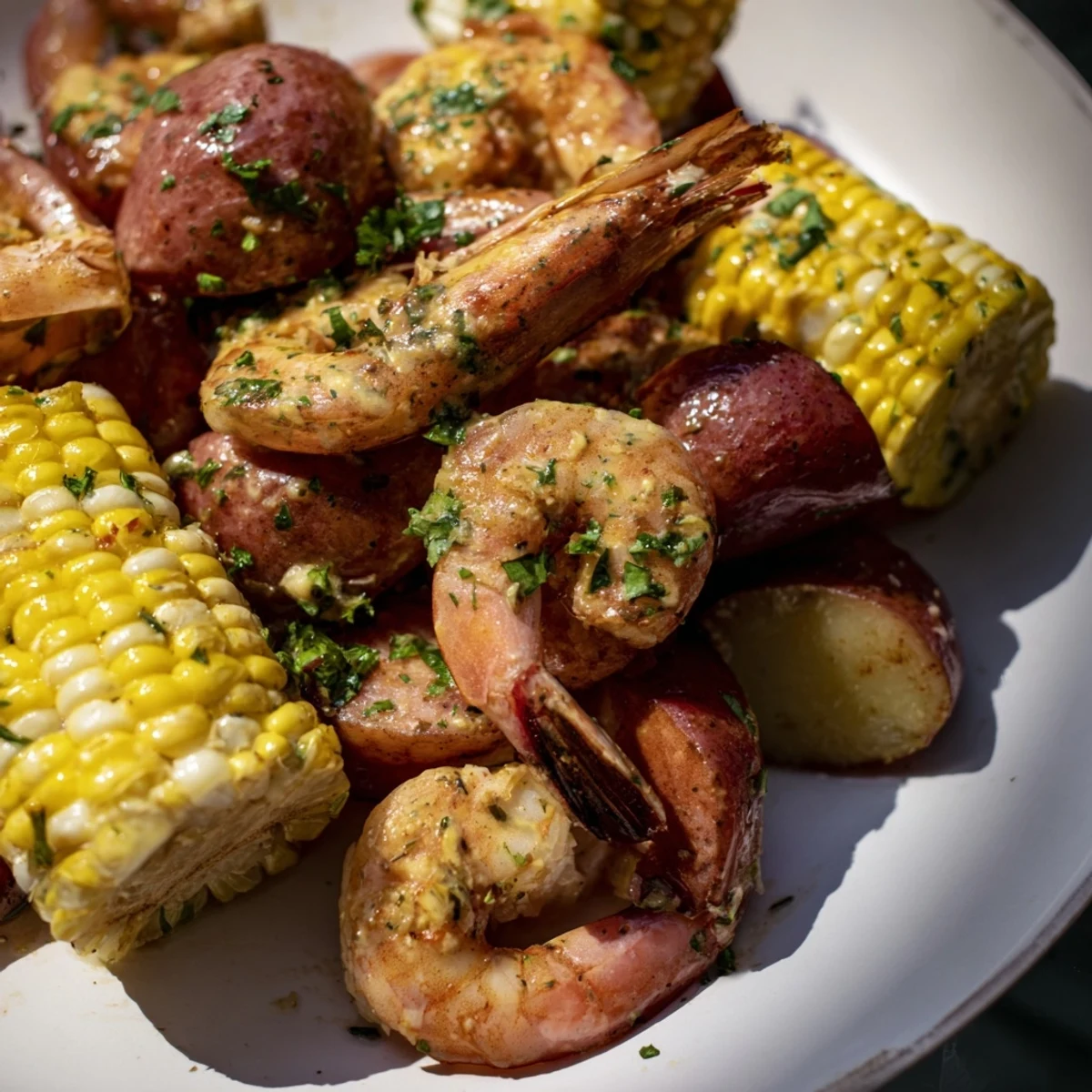 Steam rises from the flavorful Mardi Gras Shrimp Boil, featuring tender potatoes and bright lemons ready for a festive celebration.