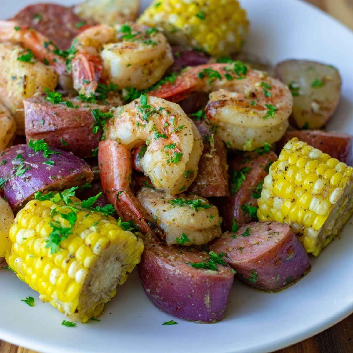 Hearty Mardi Gras Shrimp Boil with corn on the cob, shrimp, and sausage, garnished with fresh parsley and served with melted butter.