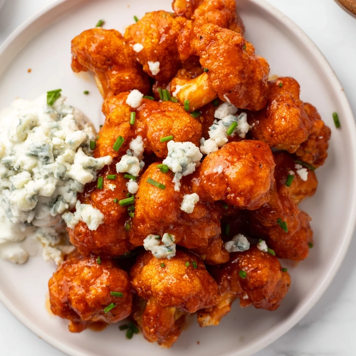 Crispy Buffalo Cauliflower Wings arranged on a plate with blue cheese dip, celery sticks, and carrot sticks, ready for a game day spread.  