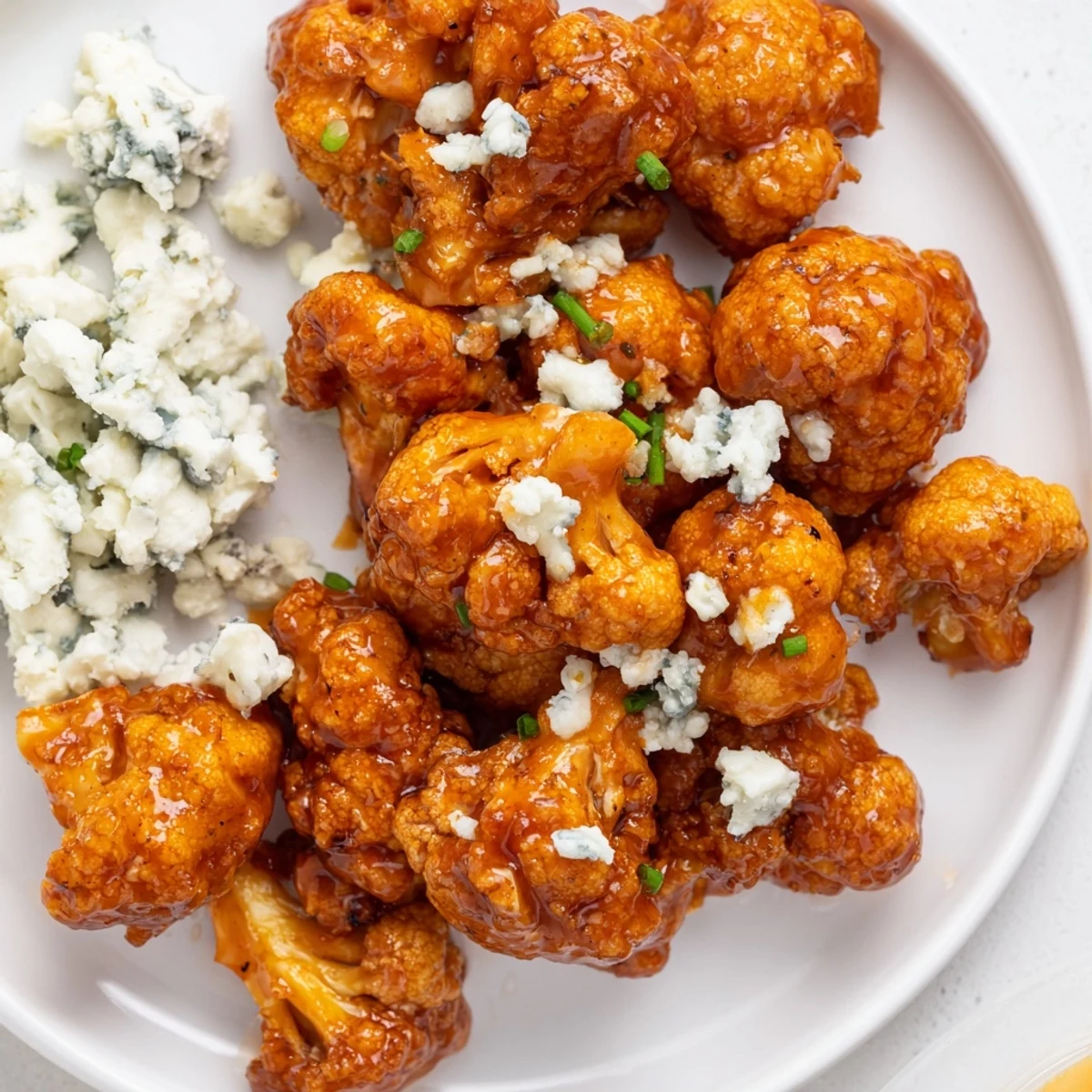 Freshly baked Buffalo Cauliflower Wings dipped in tangy blue cheese sauce, showcasing golden edges and vibrant celery accompaniments.  