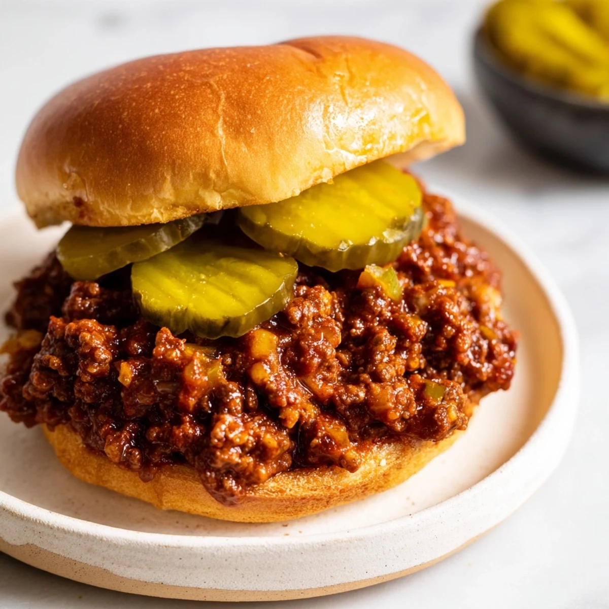Golden toasted burger buns piled high with saucy, savory Sloppy Joes and crunchy dill pickles.