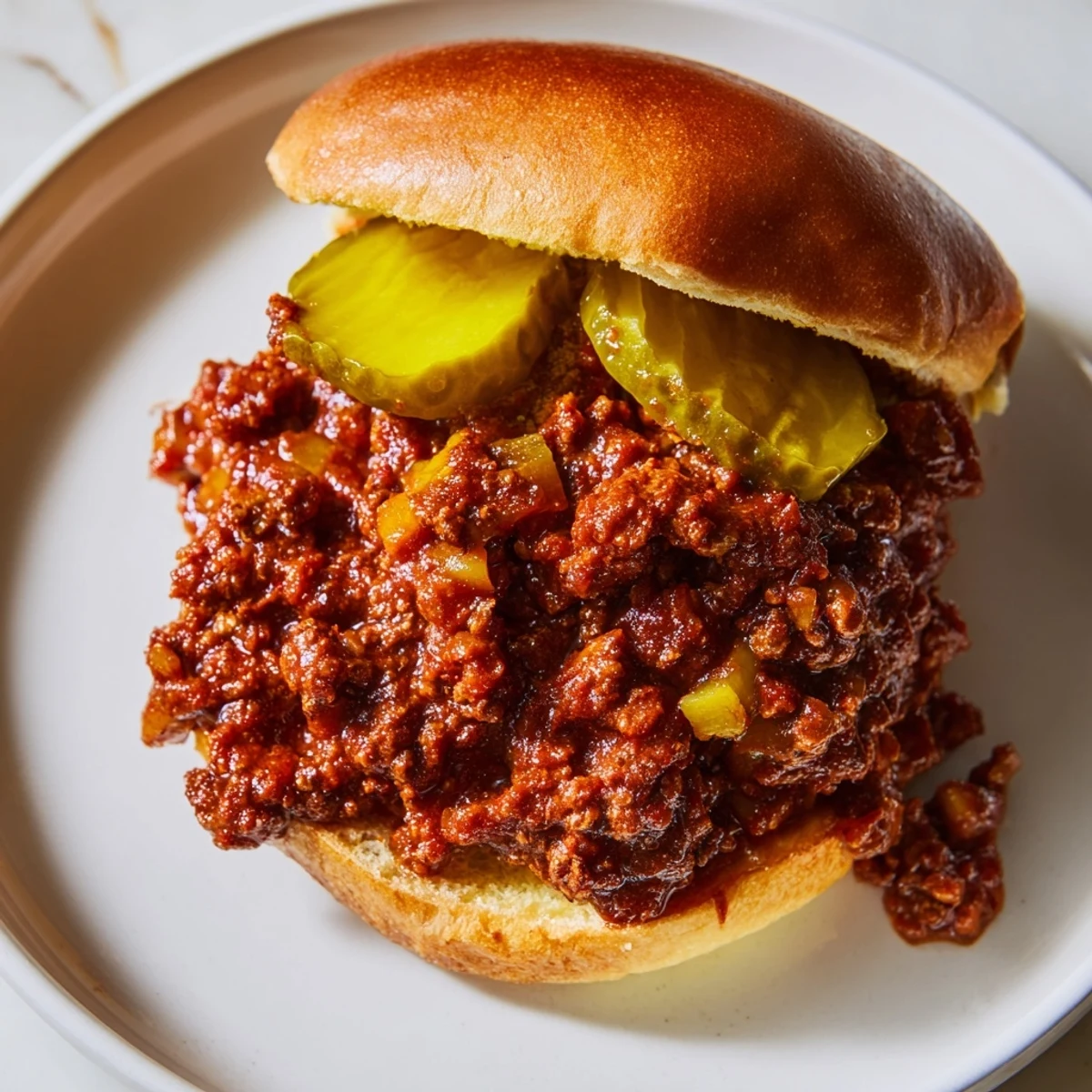 Classic American Sloppy Joes topped with tangy pickles on a toasted bun, ready to eat.