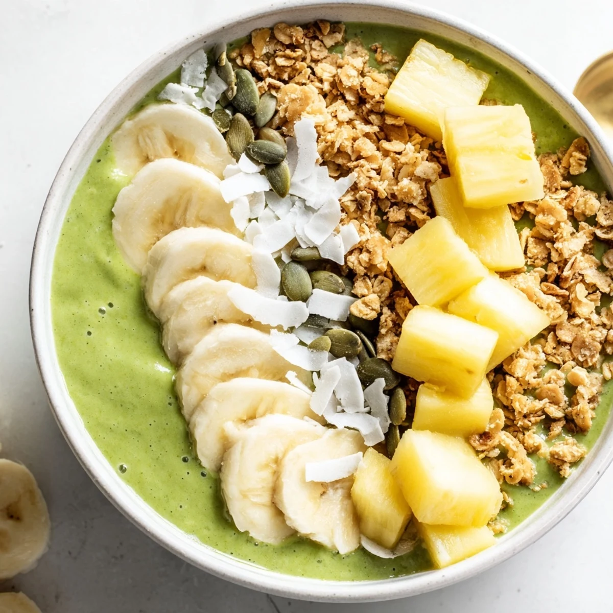 Vibrant green smoothie bowl topped with fresh pineapple, sliced banana, granola, and pumpkin seeds, served in a white bowl for a refreshing vegan breakfast.