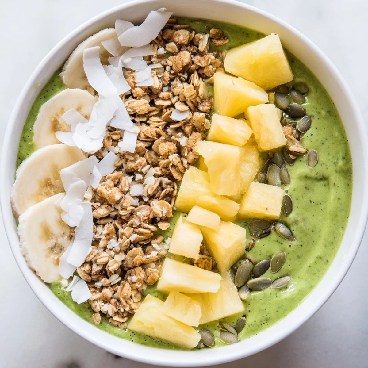 Thick, creamy spinach and pineapple smoothie bowl garnished with diced fruit and crunchy granola, creating a perfect balance of flavors and textures for a healthy snack.