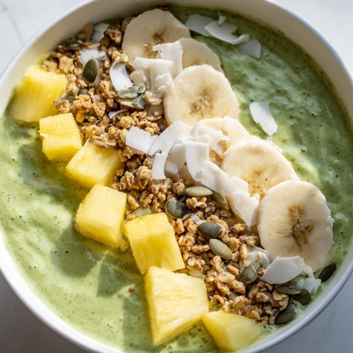 Nutrient-packed green smoothie bowl featuring spinach, frozen pineapple, and creamy banana, sprinkled with shredded coconut and berries for a colorful, energizing morning meal.