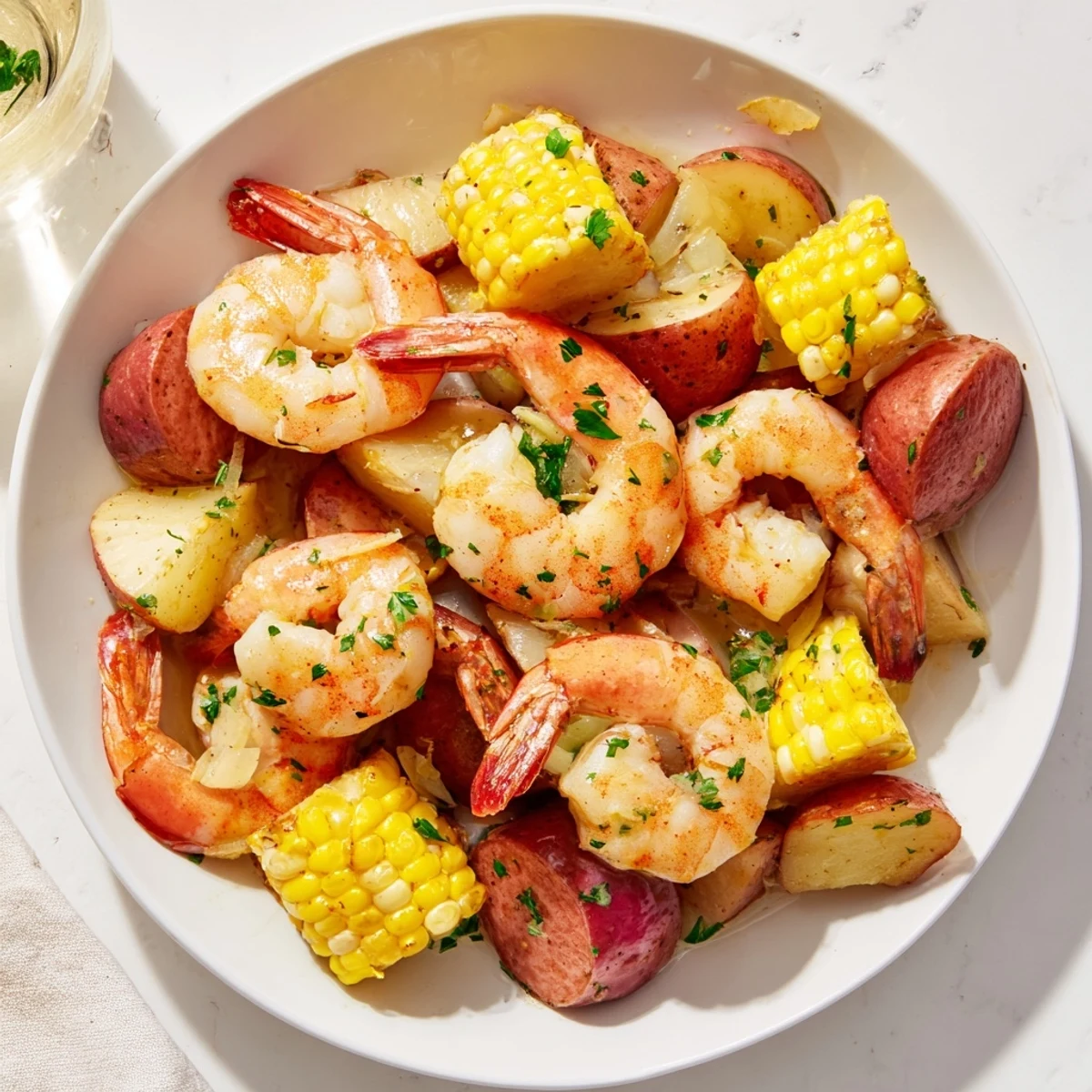 Mardi Gras Shrimp Boil with Corn on the Cob, featuring plump pink shrimp, smoky sausage, and golden potatoes served on a newspaper-lined table.