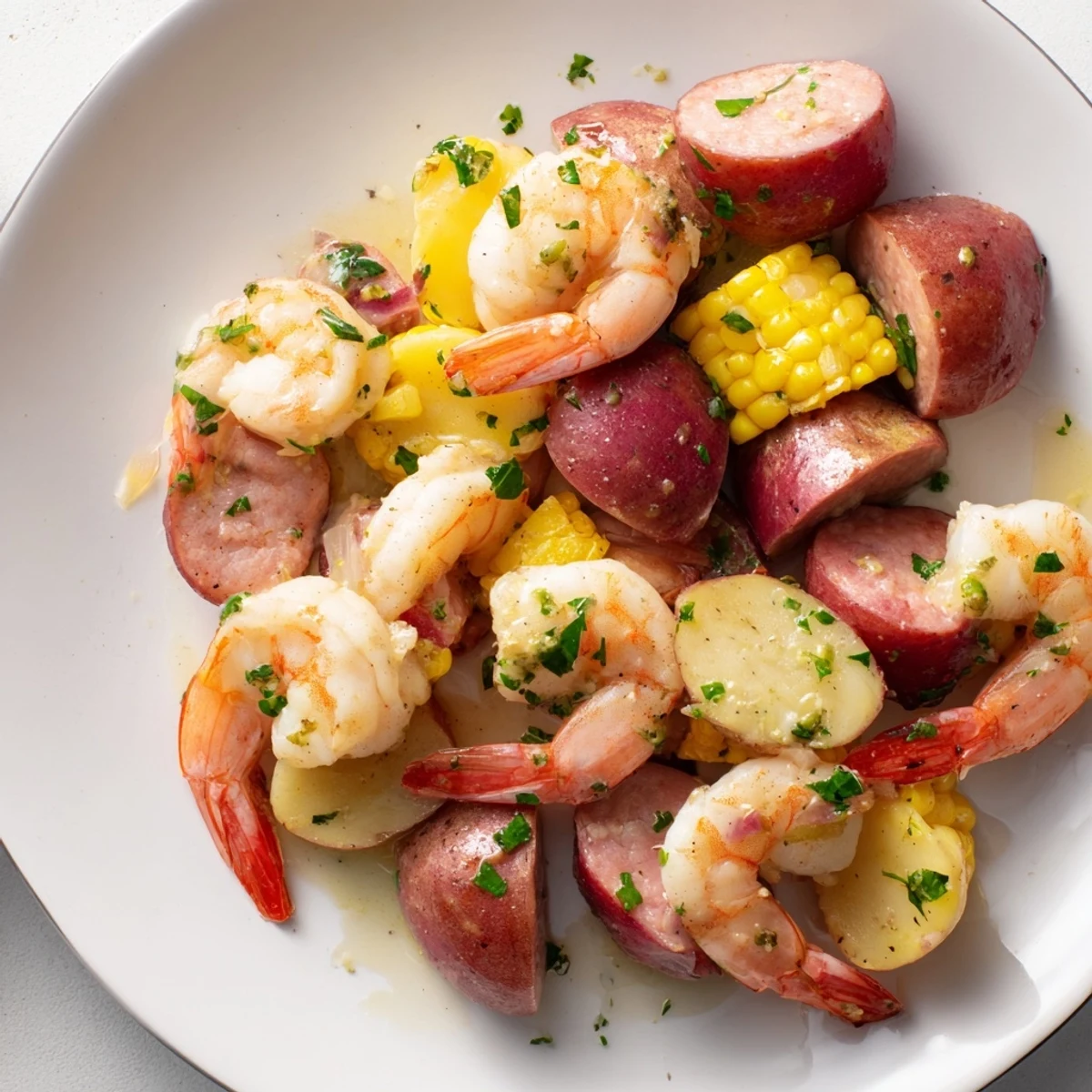 Steaming Mardi Gras Shrimp Boil with Corn on the Cob, bubbling with Cajun spices, lemon, and Andouille sausage straight from the pot.