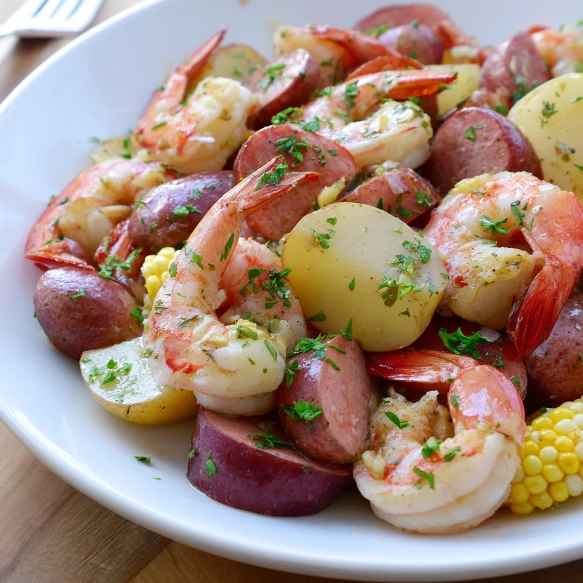 Family-style Mardi Gras Shrimp Boil with Corn on the Cob, garnished with parsley and lemon wedges for a festive Southern feast.