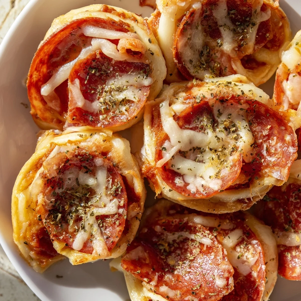 Golden-baked Pizza Rolls with Beef Pepperoni and Cheese spill over a parchment-lined tray, steam rising from molten cheese and pepperoni tucked inside flaky, herb-dusted crust.