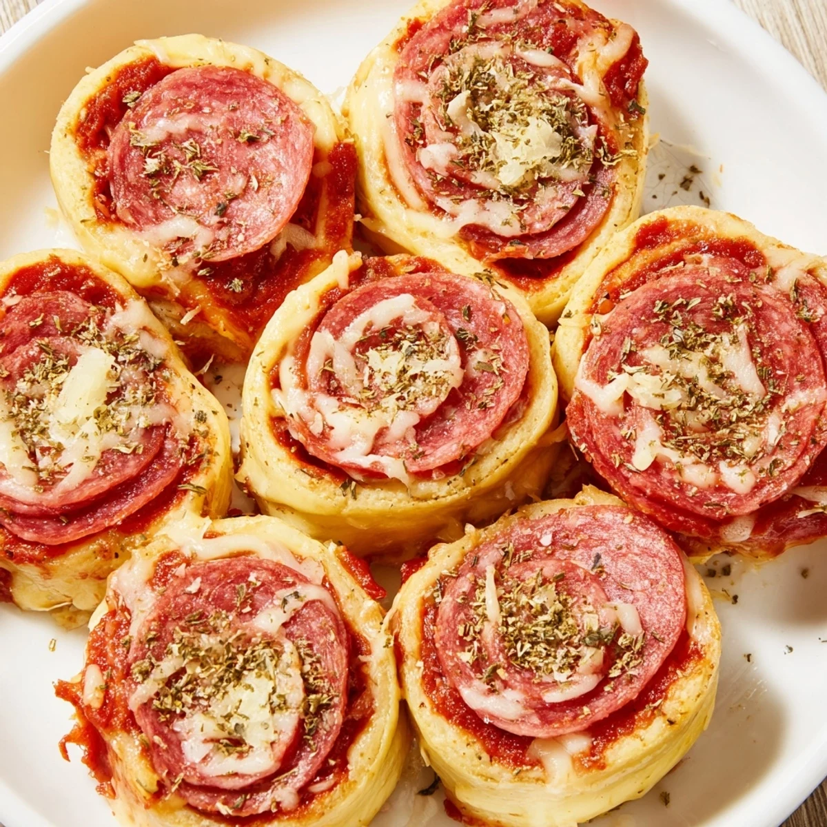 Freshly baked Pizza Rolls with Beef Pepperoni and Cheese sit on a rustic wooden board beside a small bowl of warm pizza sauce for dipping.