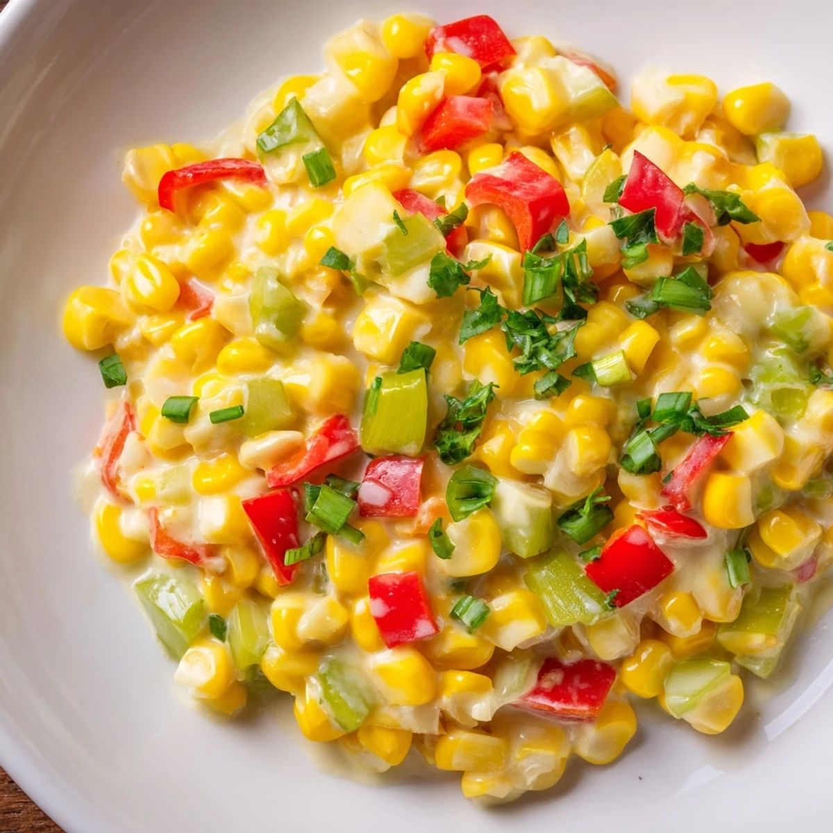 Golden Creole Corn Maque Choux with peppers sizzling in a skillet, creamy and speckled with fresh herbs.