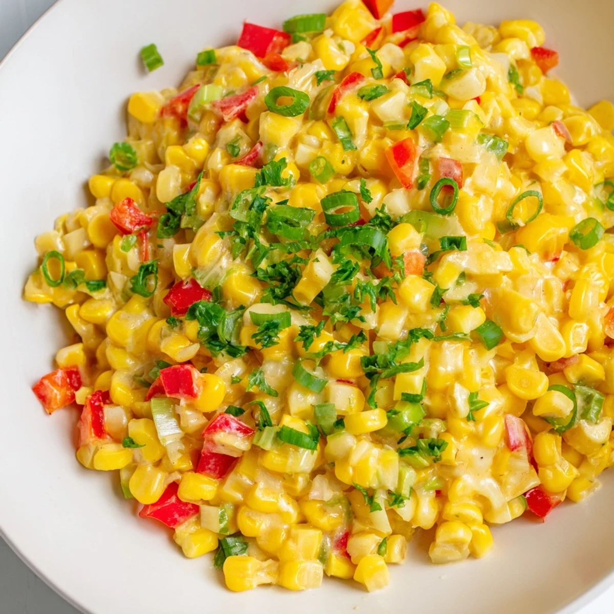 A rustic bowl of Creole Corn Maque Choux, showcasing colorful bell peppers and tender sweet corn kernels.