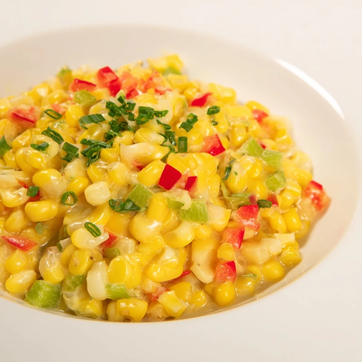 A close-up view of Creole Corn Maque Choux, garnished with green scallions and ready to serve hot.