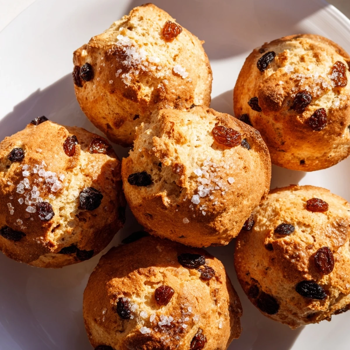 Golden-brown Irish Soda Bread Muffins with Raisins rest on a wire rack, steam rising slightly from their crumbly tops, perfect for breakfast spread with butter.