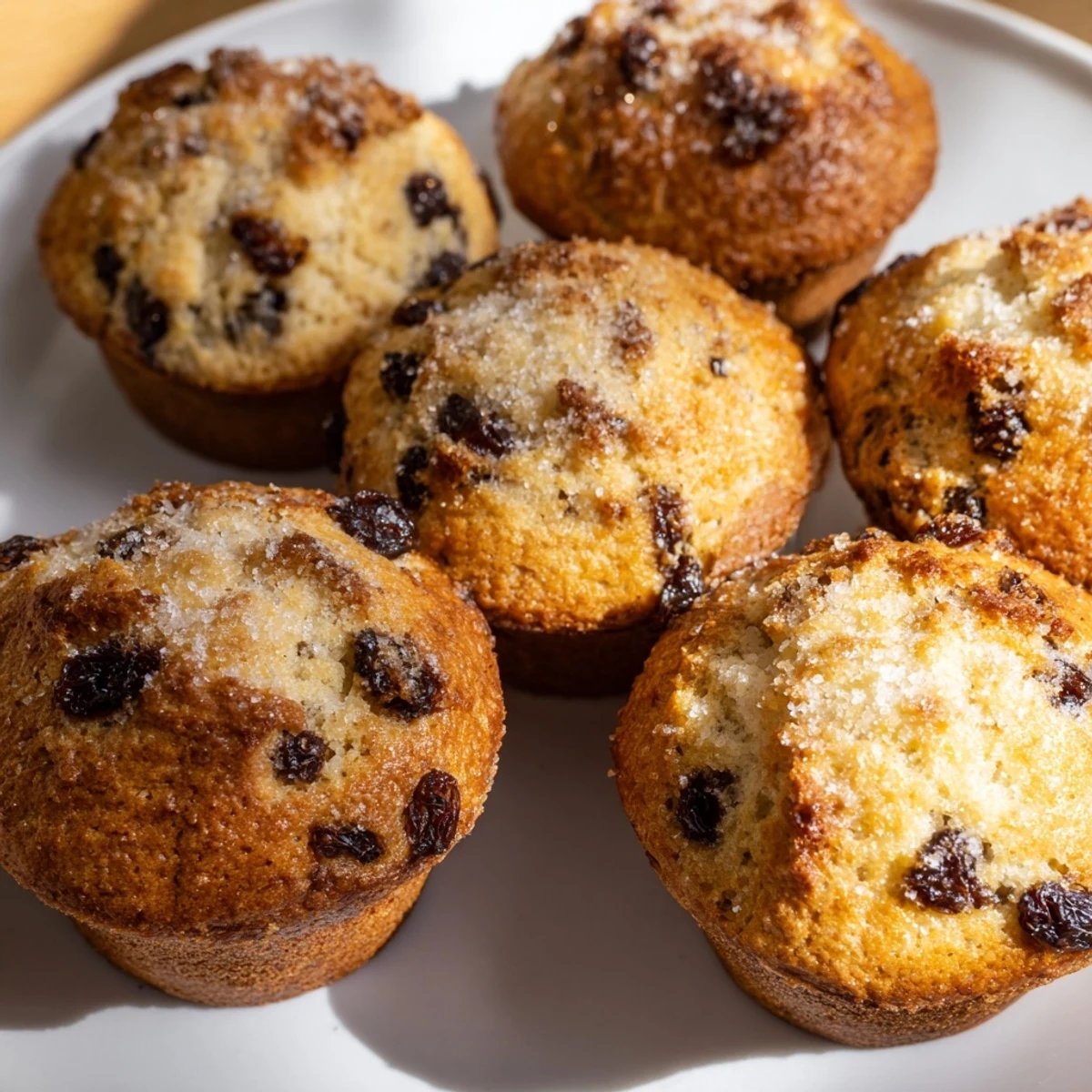 A close-up view reveals the tender crumb and plump raisins inside freshly baked Irish Soda Bread Muffins, showcasing their slightly sweet, bumpy tops.