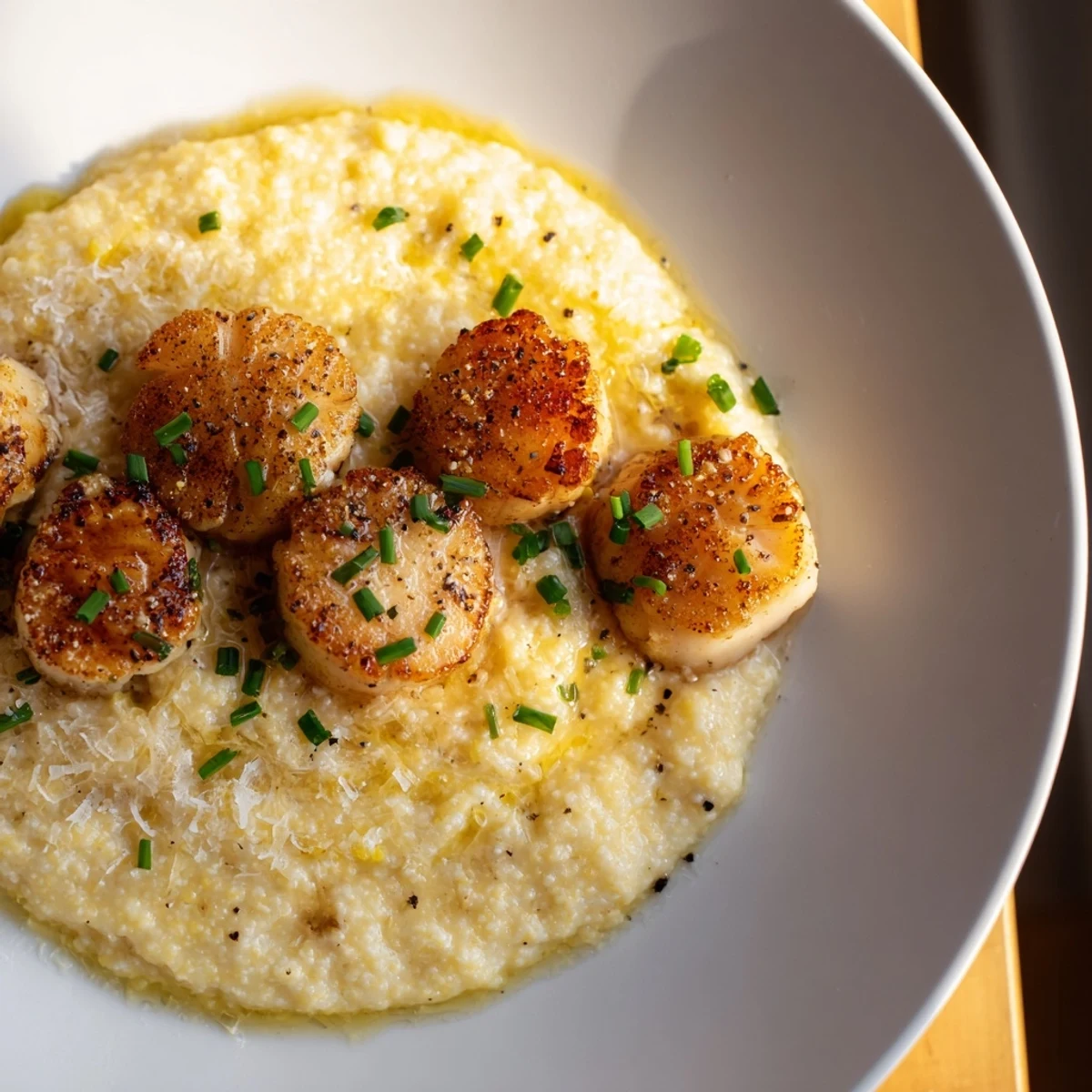A close-up of tender Pan Seared Scallops with Creamy Polenta, highlighting the buttery baste and fluffy texture on a rustic ceramic plate.