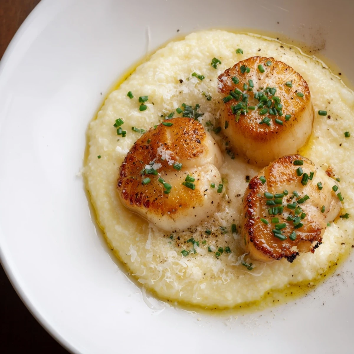For an impressive weeknight meal, enjoy these juicy seared scallops paired with velvety polenta, finished with a bright squeeze of lemon.