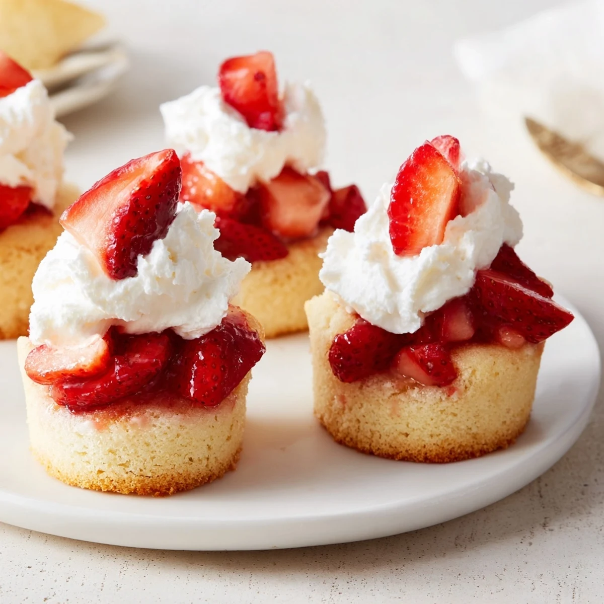 Golden-brown Strawberry Shortcake Cups with fresh berries and soft whipped cream, served on a white plate.
