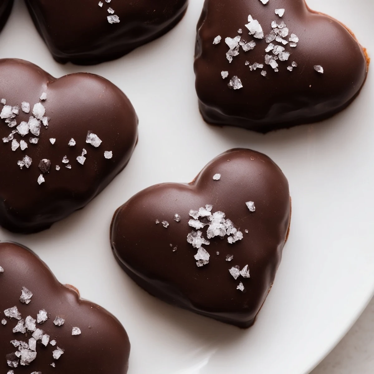 Decadent Chocolate Peanut Butter Hearts with Sea Salt finished with flaky crystals.