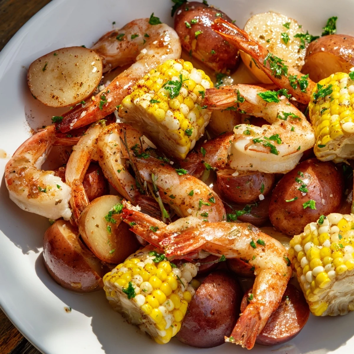 A hearty Cajun Shrimp Boil with corn, potatoes, and sausage, simmered in a bold, spicy broth and ready to serve.