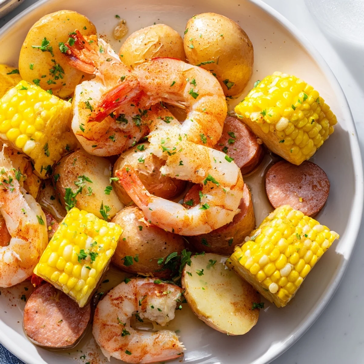Freshly boiled shrimp, tender potatoes, and sweet corn on the cob in a classic Southern Cajun seafood boil.