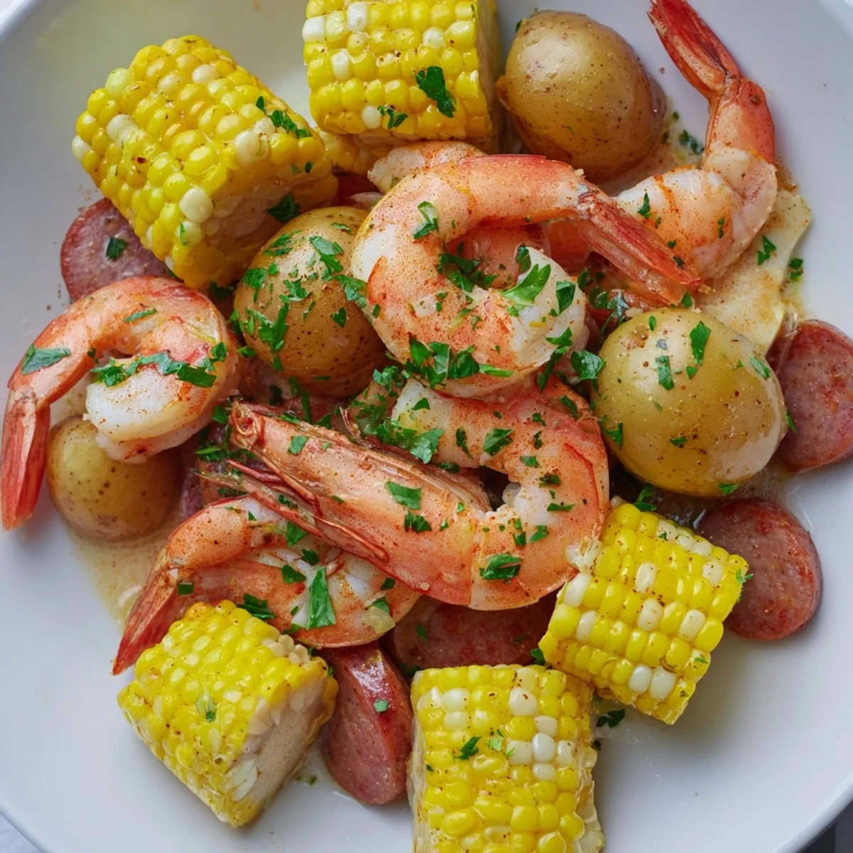 Cajun Shrimp Boil with corn, potatoes, and andouille sausage, drizzled with melted butter and parsley on a serving platter.