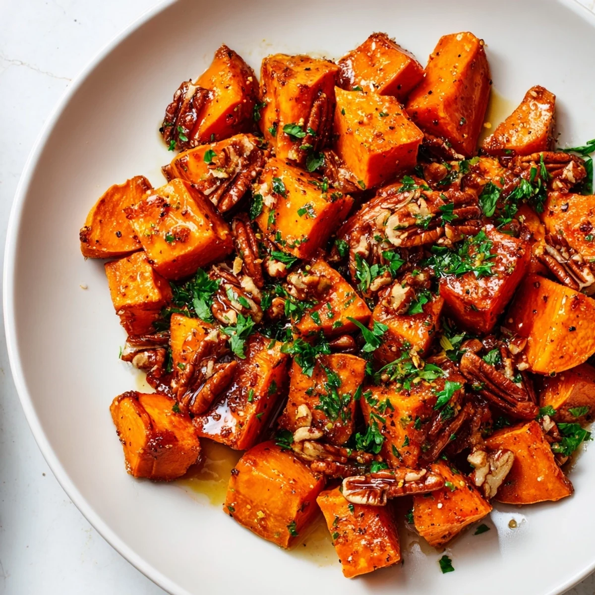 Golden roasted sweet potatoes with maple and pecans glisten on a rustic plate, garnished with fresh parsley.  