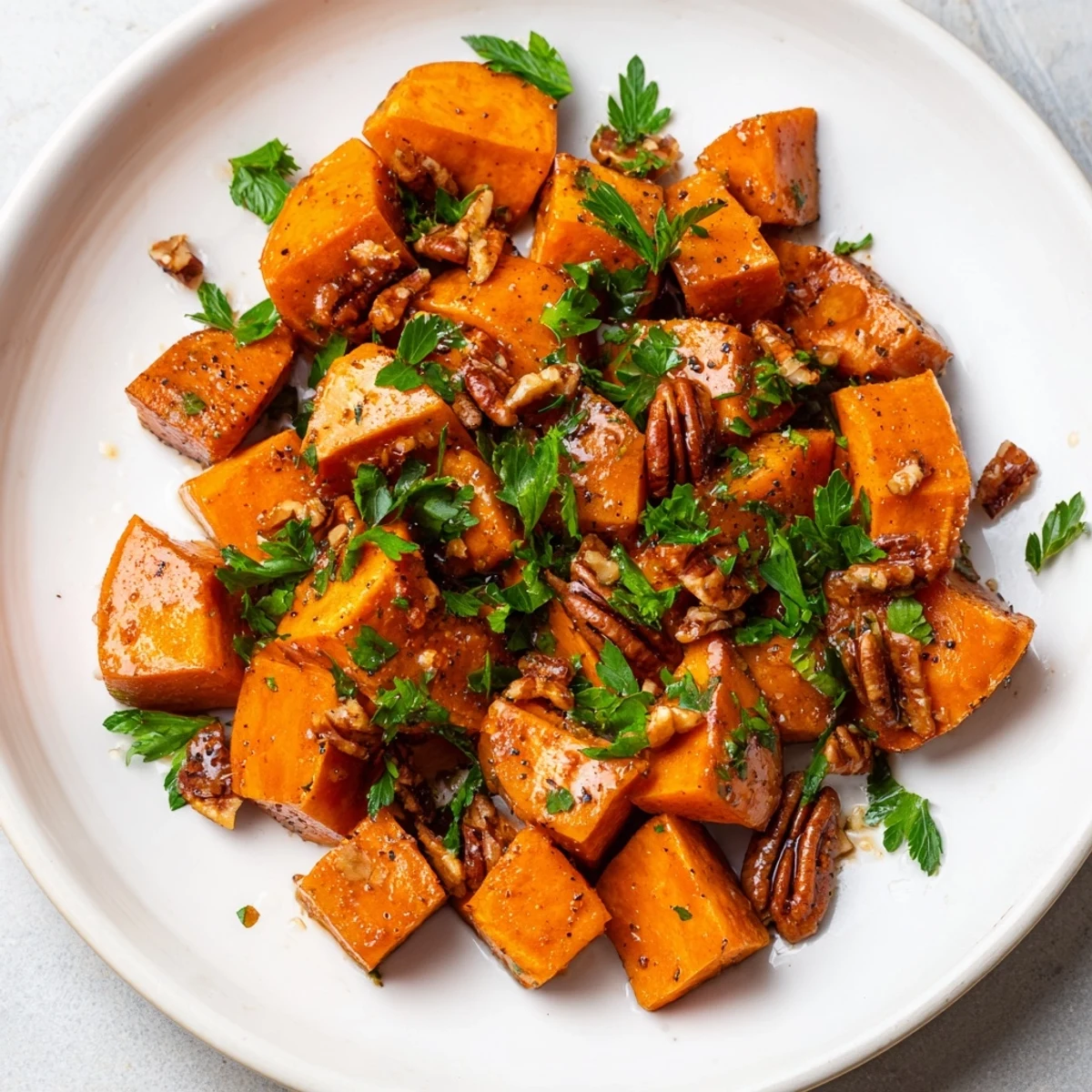 Warm caramelized sweet potatoes with maple and pecans are served alongside a glazed roasted chicken breast.  