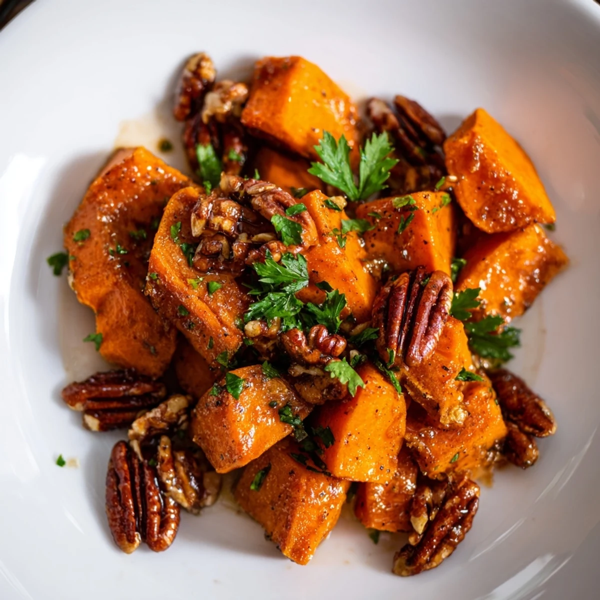 Vivid close-up of roasted sweet potatoes with maple and pecans, highlighting glossy glaze and crunchy nuts.