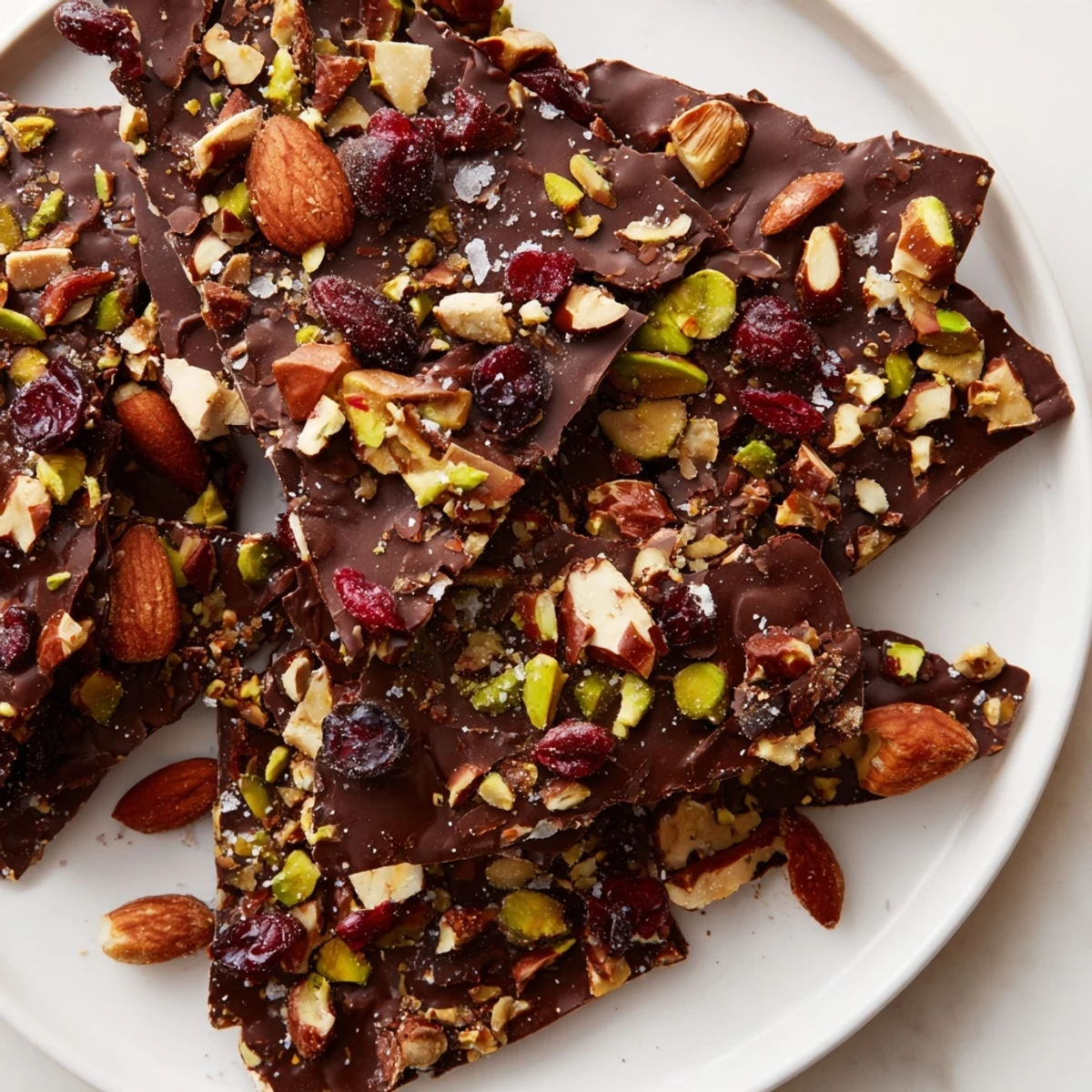 Golden, glossy chocolate completely covers broken pieces of crisp matzo, topped generously with chopped almonds and dried cranberries.  