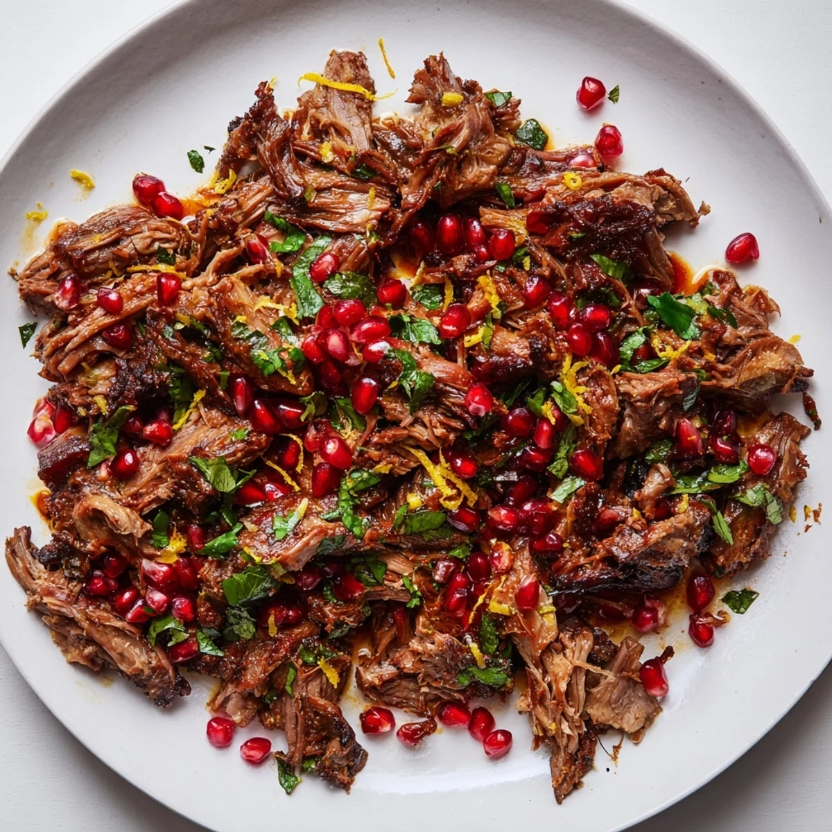 A close-up of braised lamb shoulder with pomegranate, glistening sauce, and fresh parsley garnish for a festive centerpiece.