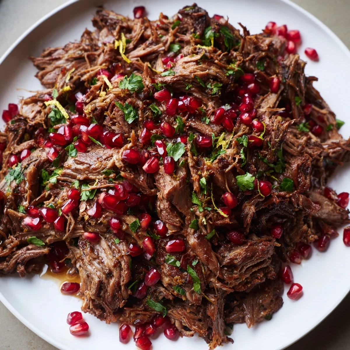 Tender braised lamb shoulder with pomegranate on a platter, with jewel-like pomegranate seeds and lemon zest.