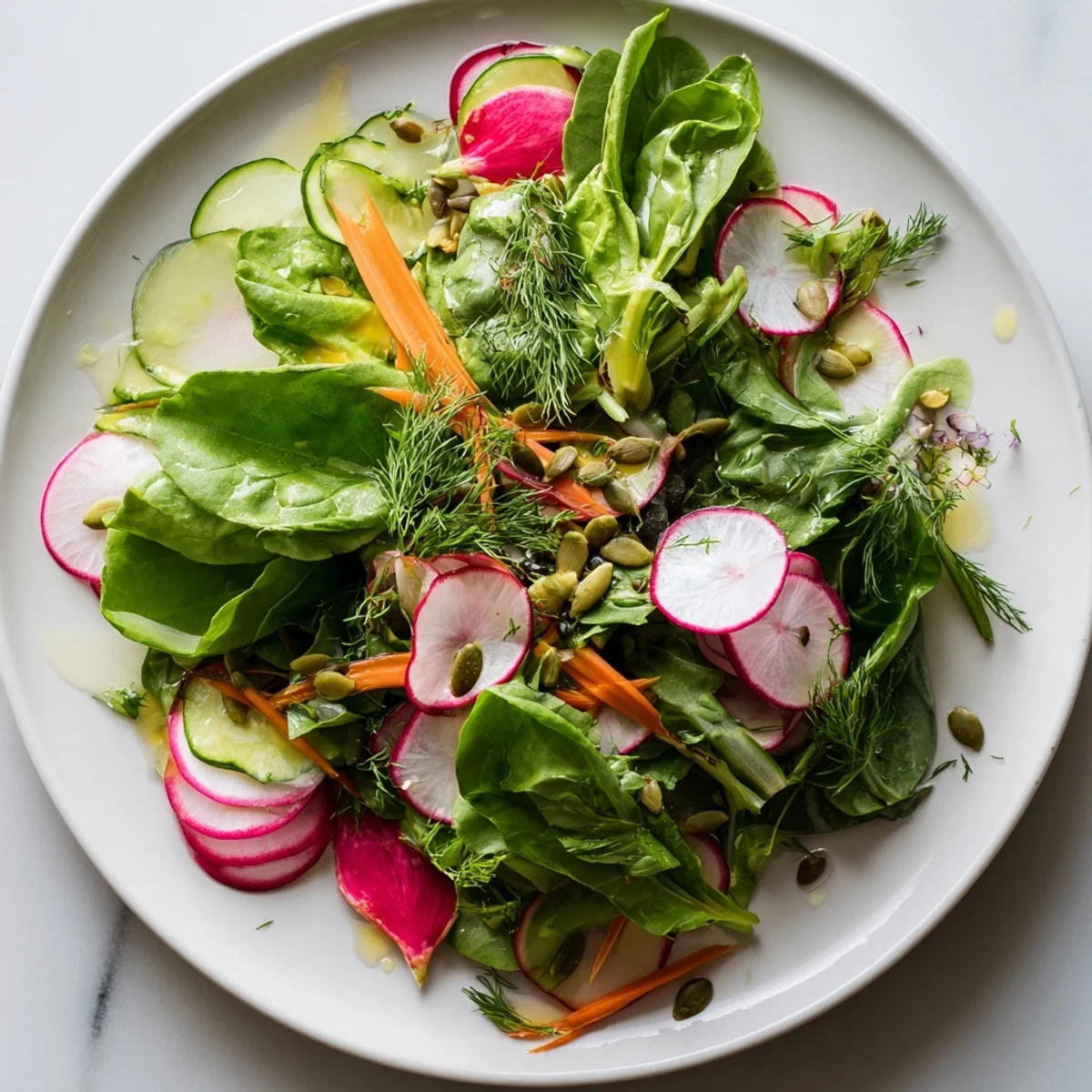 A vibrant Spring Garden Salad with Radishes and Cucumber showcases crisp greens and thinly sliced vegetables on a white plate.