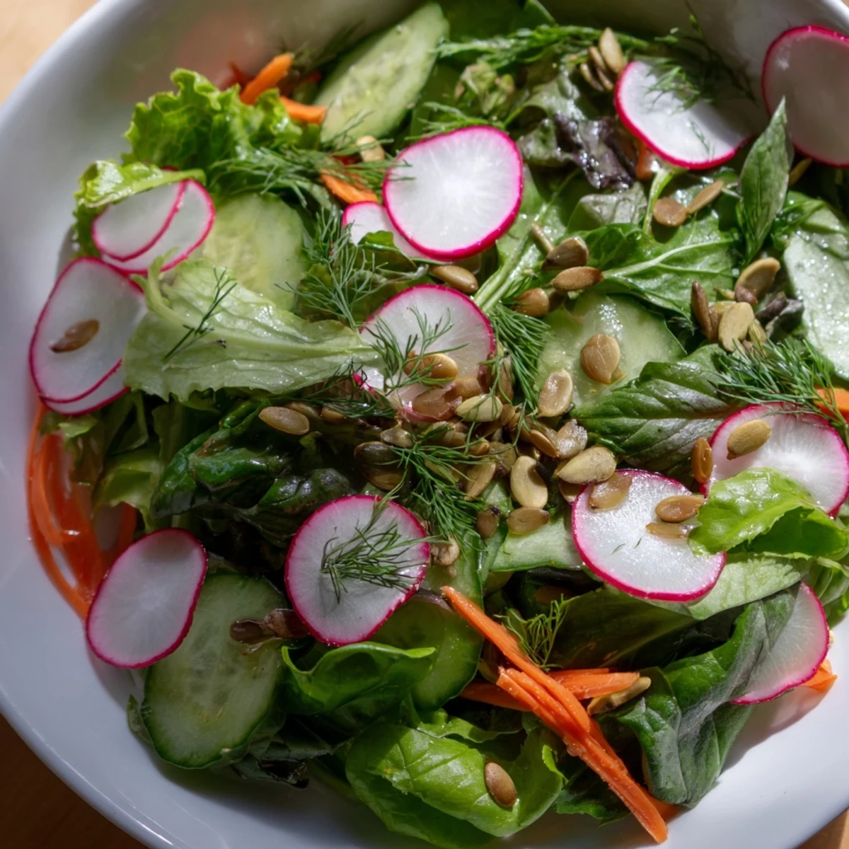 In this Spring Garden Salad with Radishes and Cucumber, fresh lemon dressing glistens over crunchy veggies and tender mixed greens.