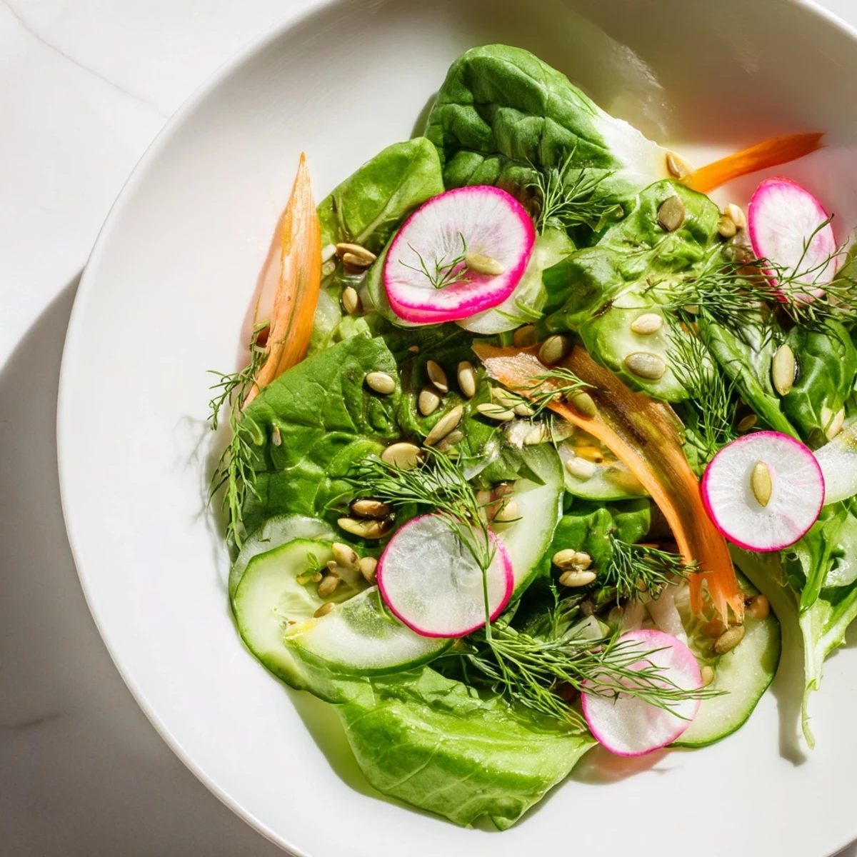 This Spring Garden Salad with Radishes and Cucumber features bright pink radish slices, cool cucumber ribbons, and a sprinkle of seeds.