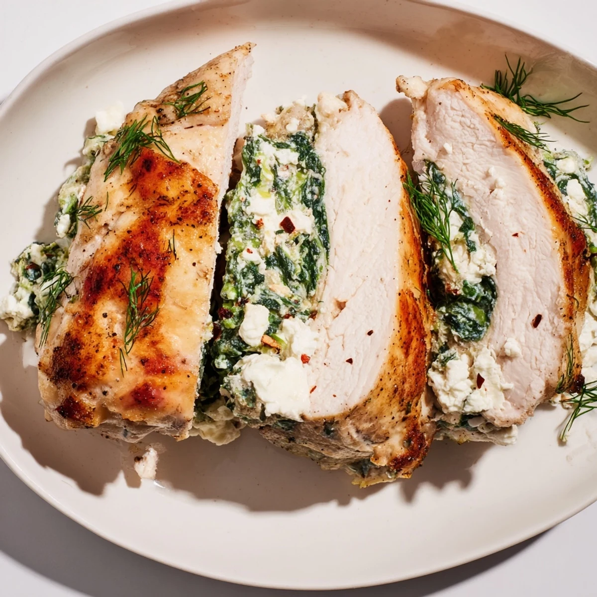 Golden-brown baked spinach and feta stuffed chicken breast resting on a white plate.