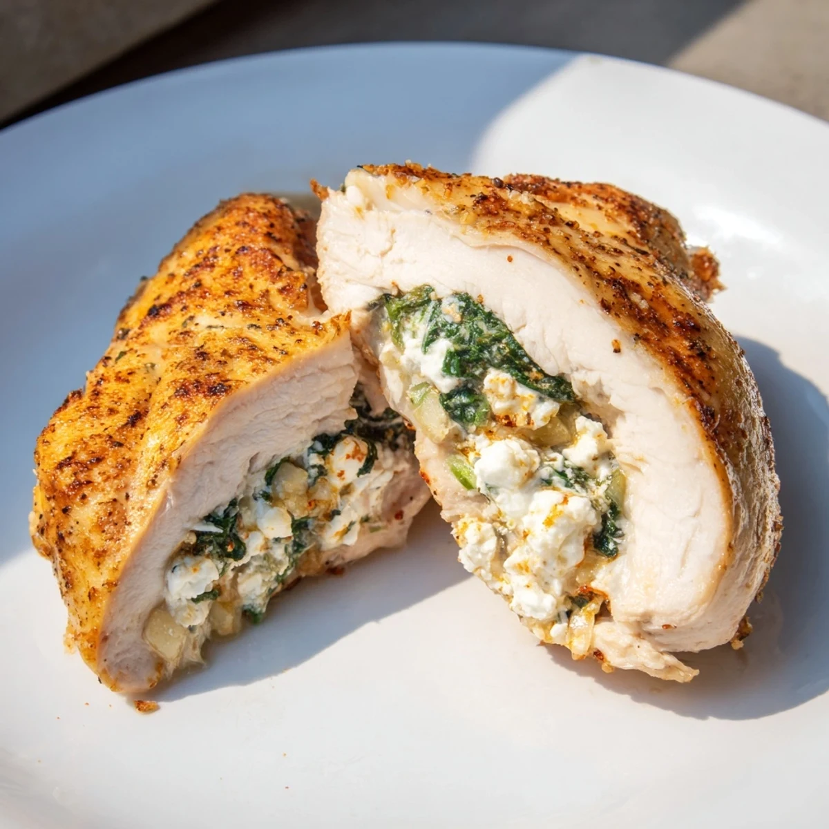 Tender, juicy chicken breast stuffed with creamy feta, spinach, and fresh herbs on a rustic table.